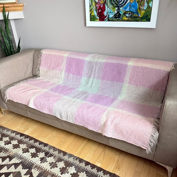 Vintage Mohair Wool Blend Blanket Pastel Plaid Fringe Purple Pink 48 x 64 - Picture 1 of 9